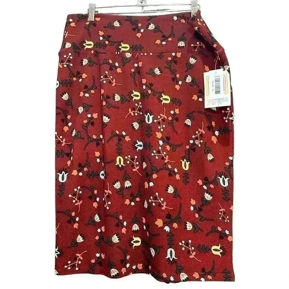 Lula Roe Cassie Pencil Skirt size small burnt red with colorful flowers size XL